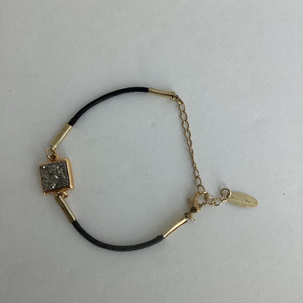 Marcia Moran Bracelet Druzy Black Leather Cord Gold Tone Adjustable
